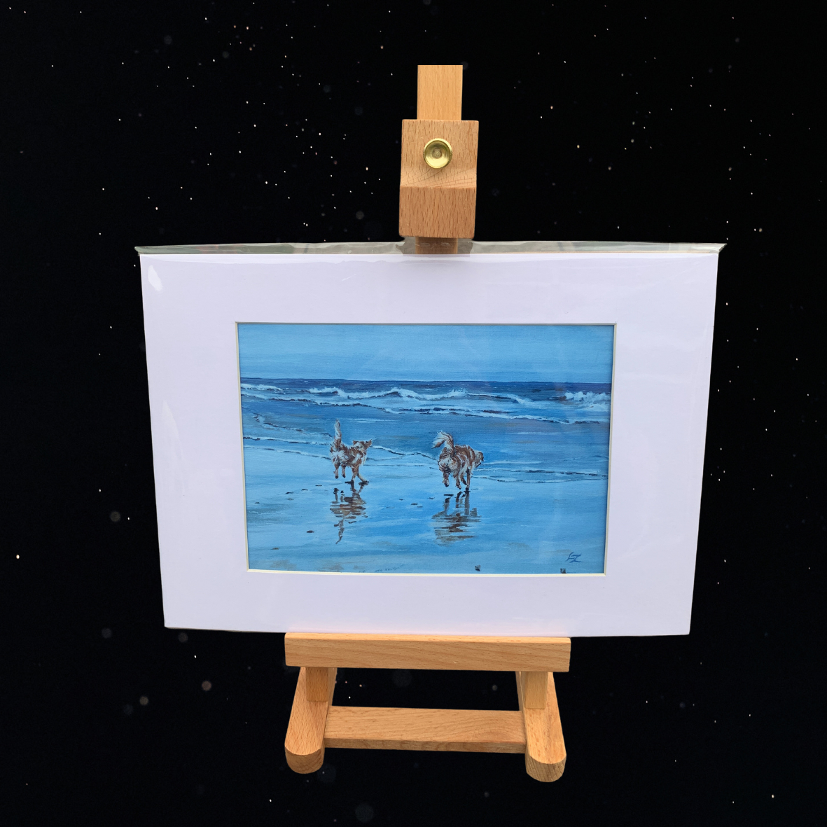 Giclée wall art print Golden Retrievers, Bottoms up, A5 mounted print on easel