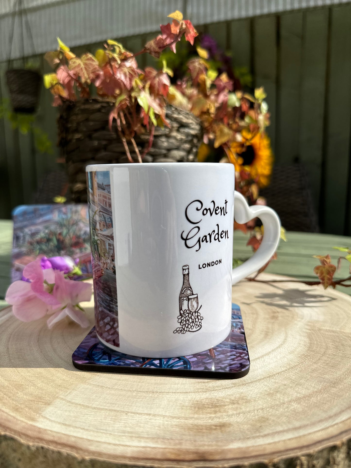 Mug and Coaster set Covent Garden, right handle showing text
