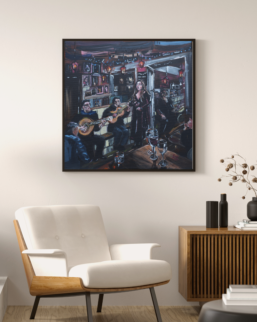 Giclee wall art print Fado Bar Lisbon Aesthetic MidCentury Modern Living Room Mockup