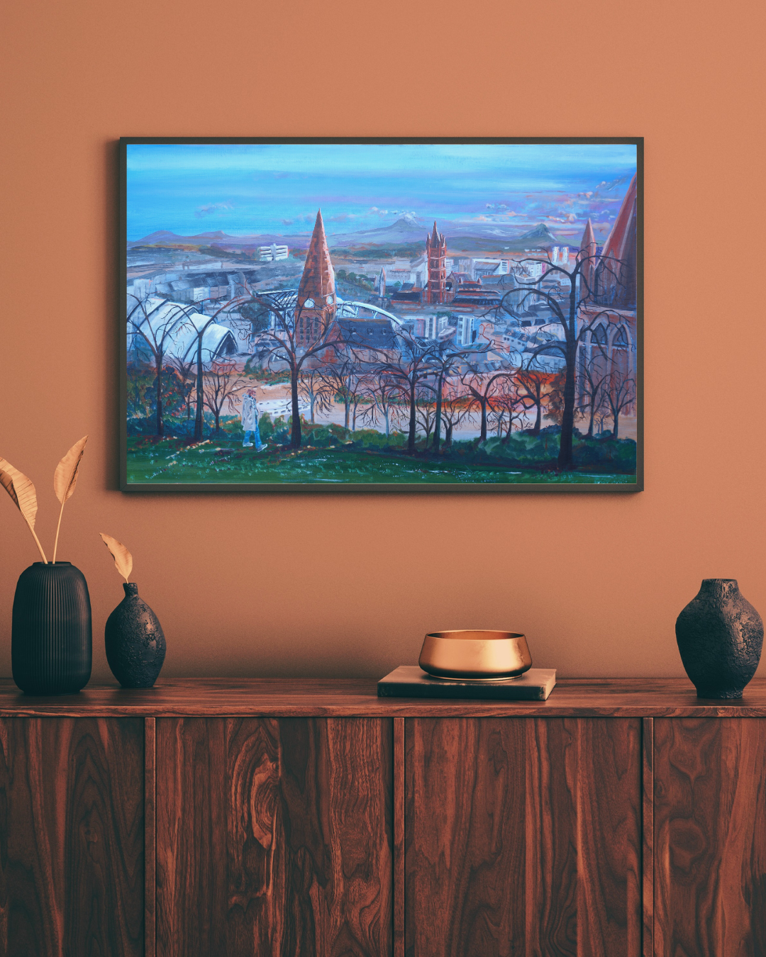 Glasgow wall art print Queens Park Viewpoint in simple black frame against terracotta coloured wall