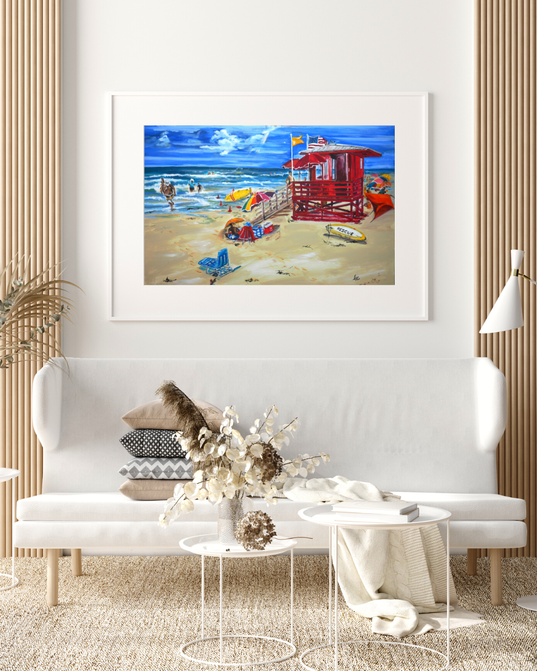 Giclée wall art print Red Lifeguard Station Siesta Key Beige White Aesthetic Modern Living Room Wall White Frame Mockup