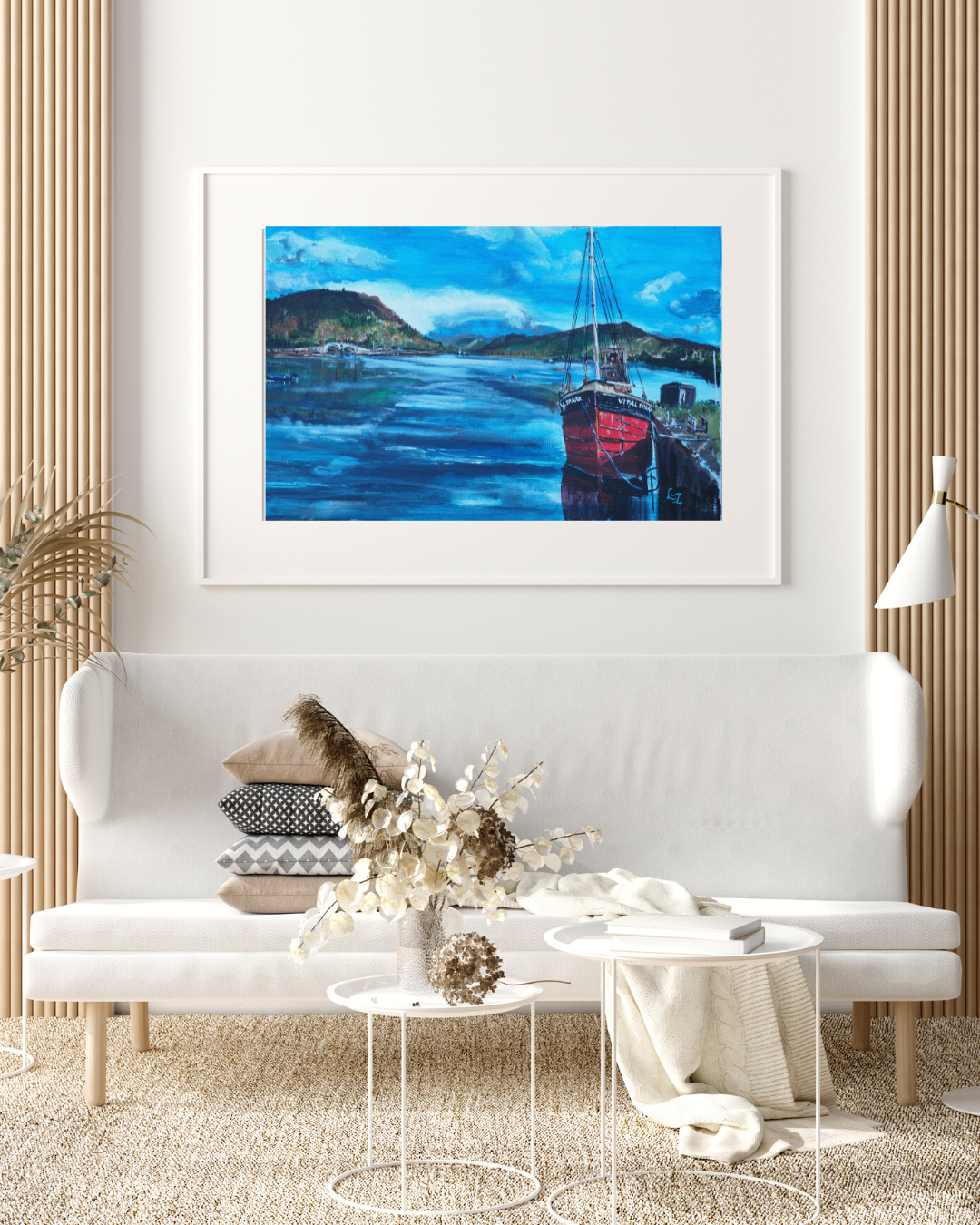 The Vital Spark on Loch Fyne wall art print in white mount and frame living room mockup