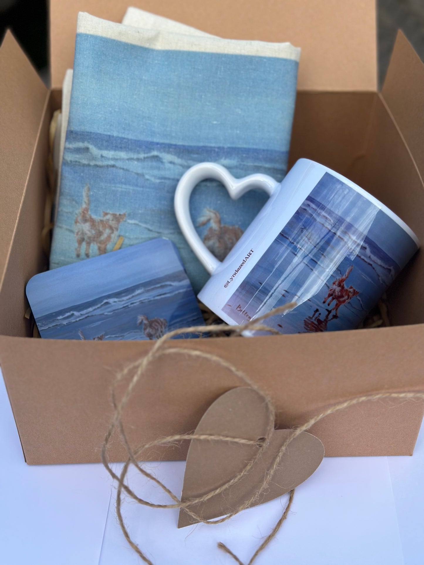Giftbox Golden Retrievers Bottoms Up, open gift box showing tote mug and coaster