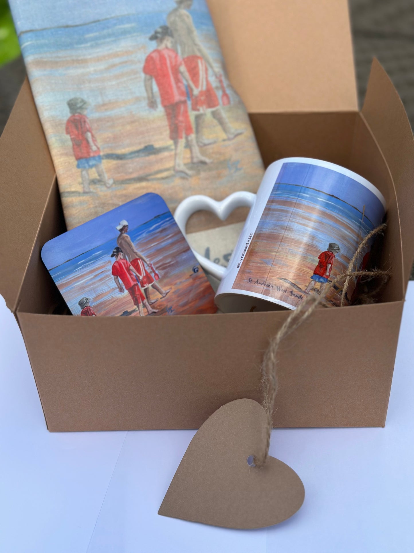 Giftbox The Brothers on St Andrews Beach, open giftbox showing tote mug and coaster