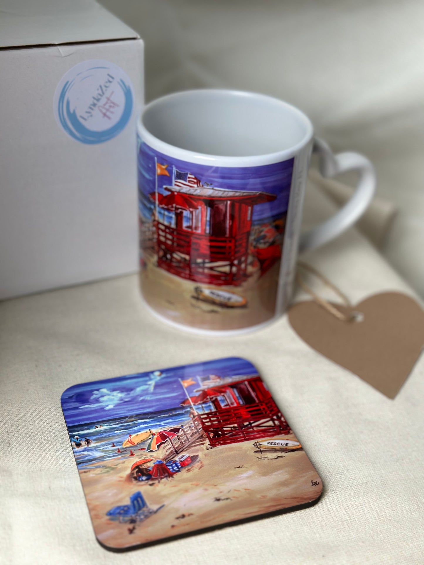 Mug and Coaster set, Red Lifeguard Station Siesta Key Beach, mug front image and coaster flat