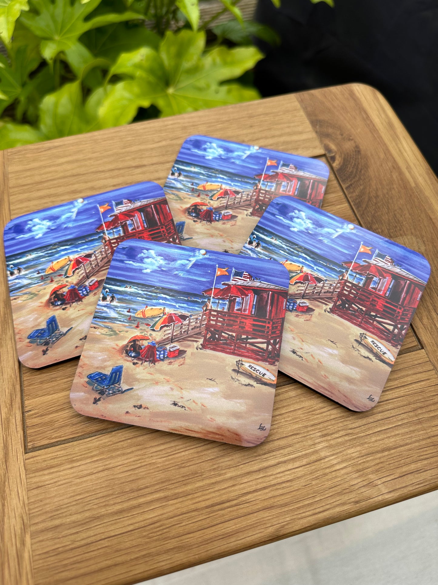 Coaster set Red Lifeguard Station Siesta Key, coaster set spread out