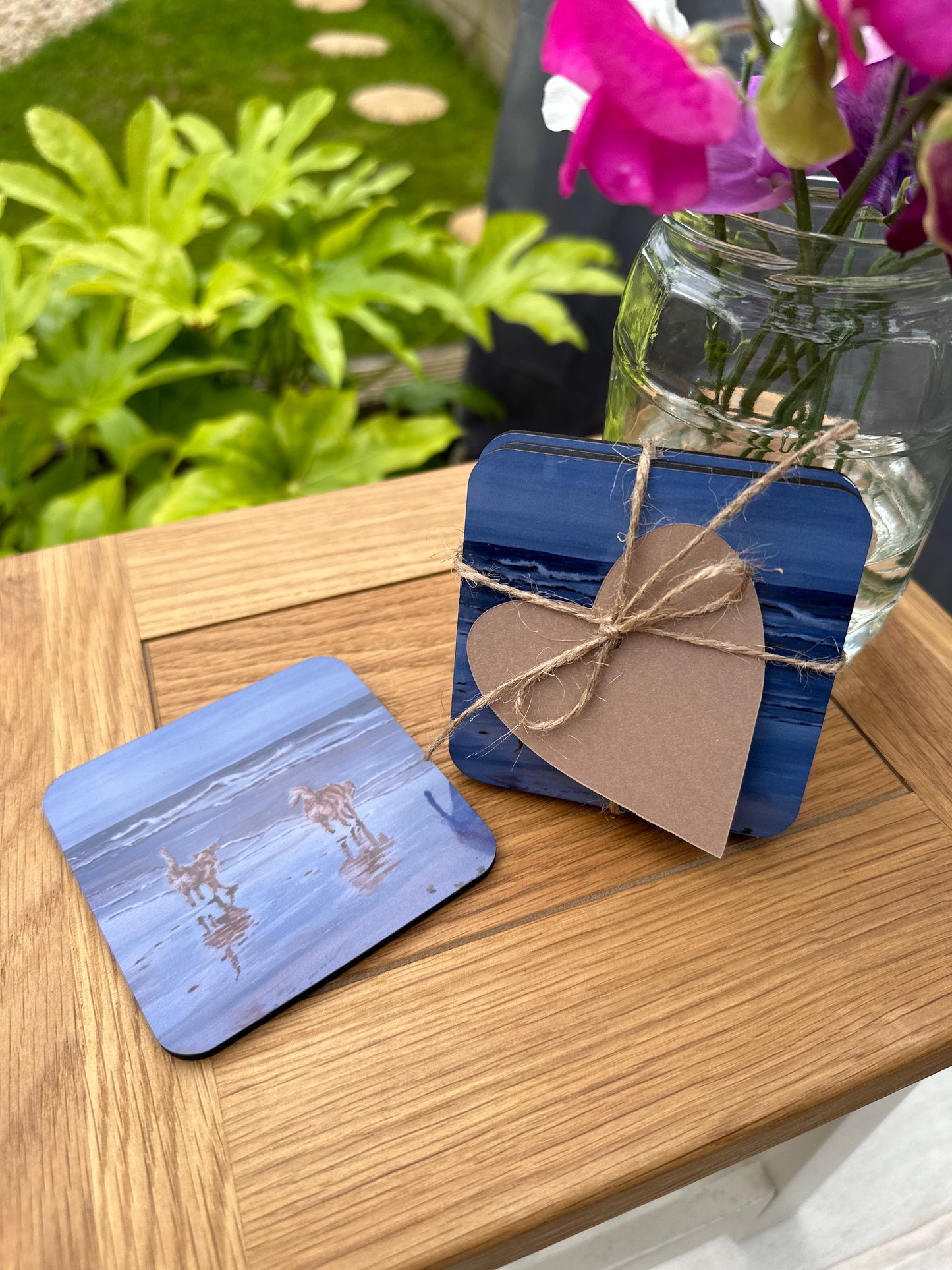 Coaster set Golden Retrievers Bottoms up, coaster set tied in bundle with single coaster displayed