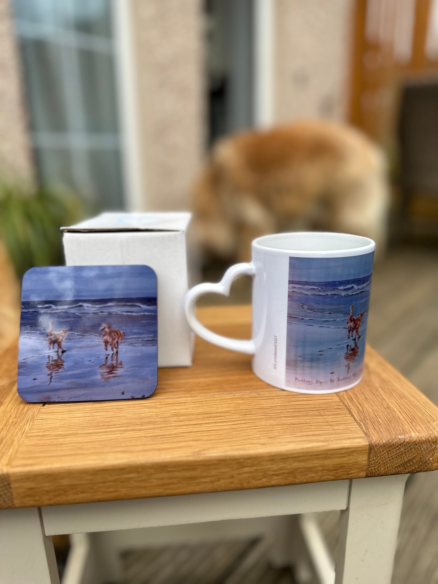 Mug and Coaster set Golden Retrievers Bottoms Up, coaster upright with mug handle detail