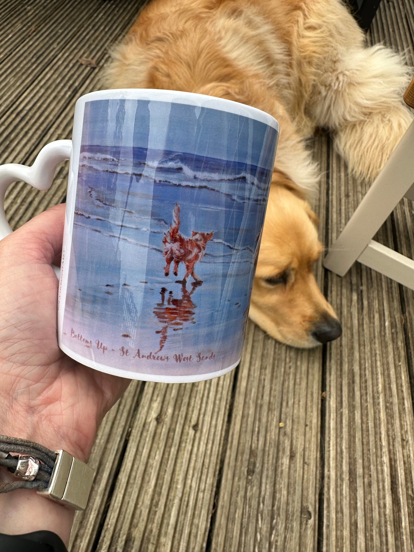 Mug and Coaster set Golden Retrievers Bottoms Up, mug in hand