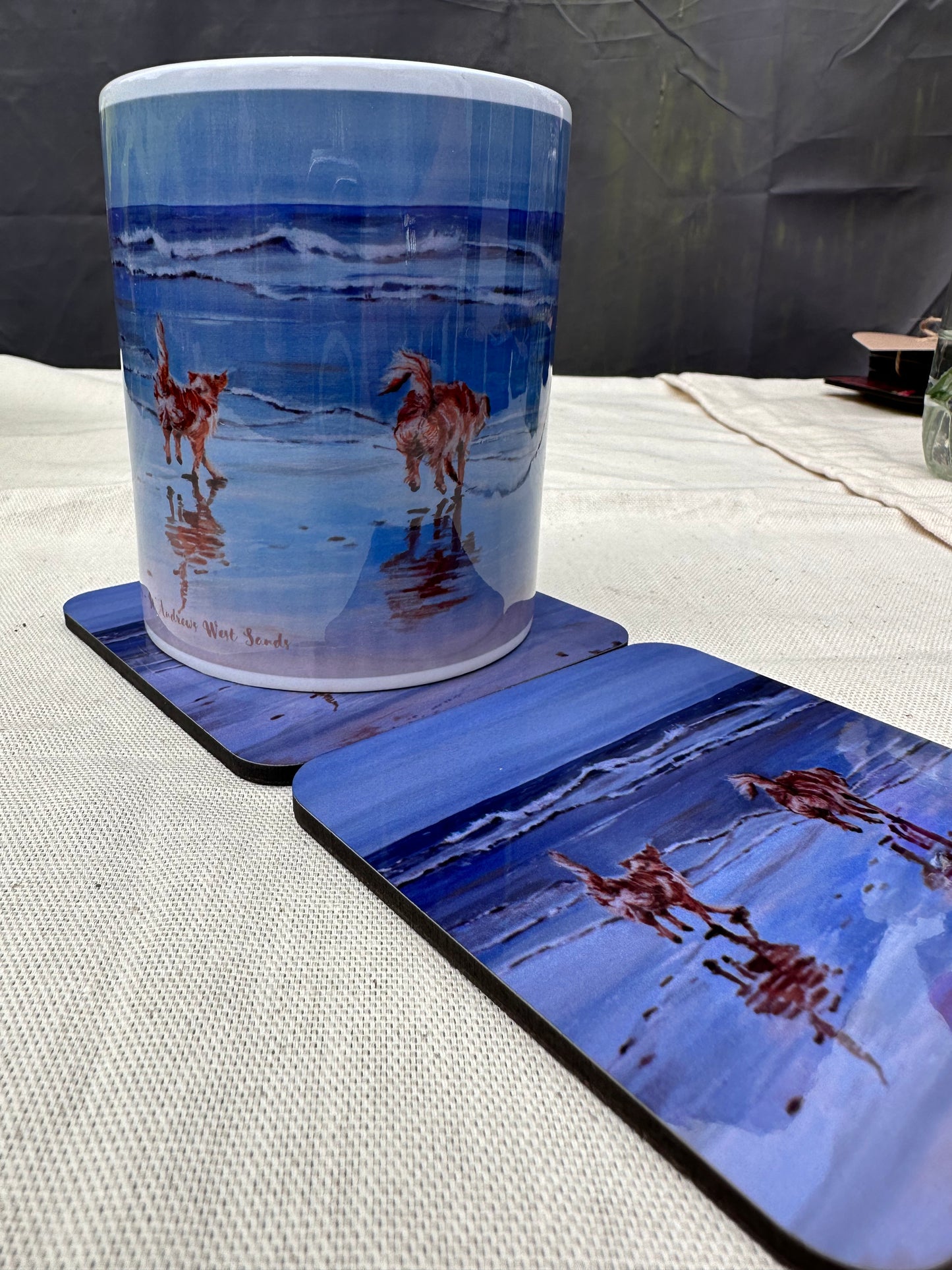 Mug and Coaster set Golden Retrievers Bottoms Up, mug front image and coaster flat