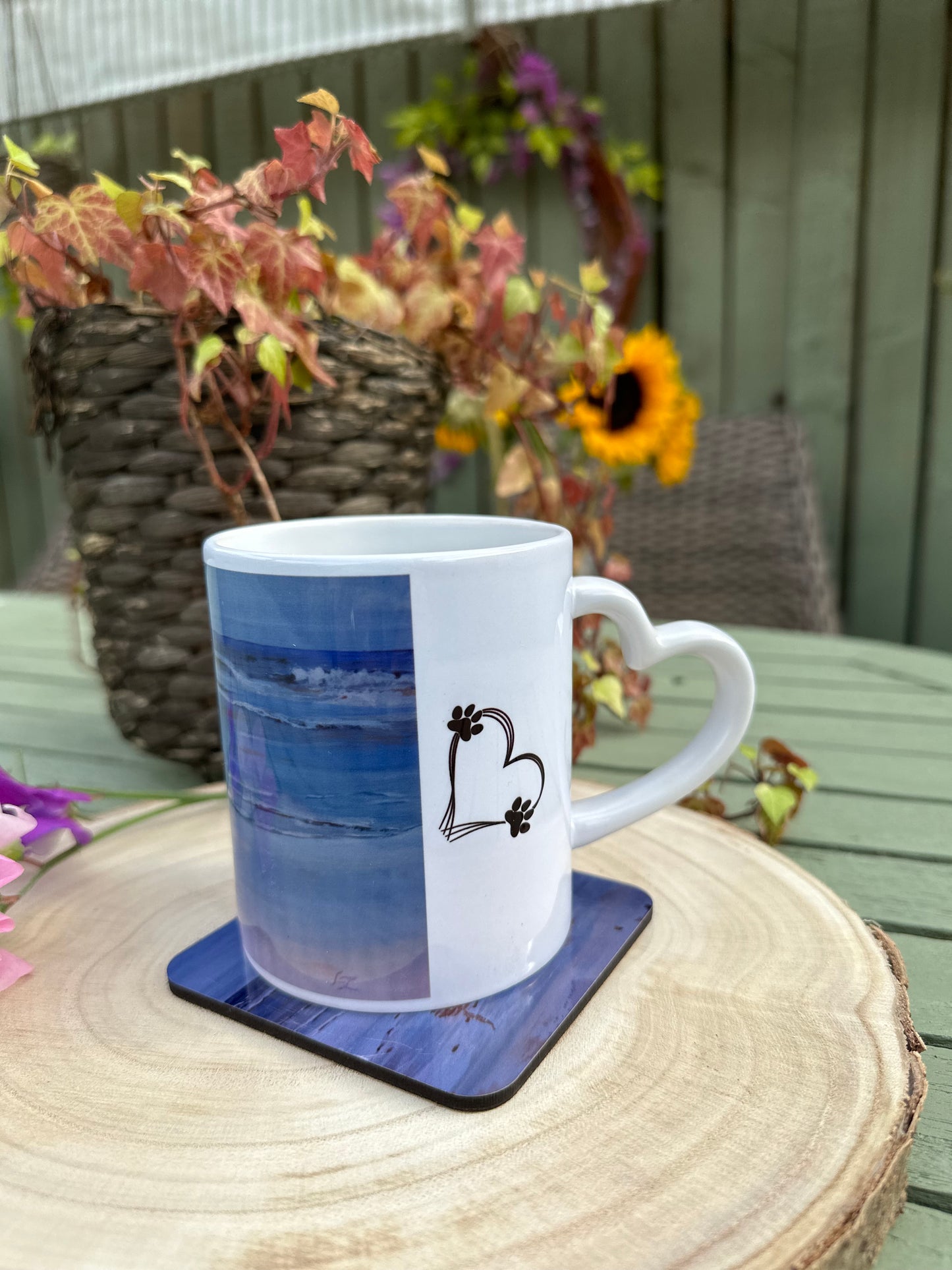 Mug and Coaster set Golden Retrievers Bottoms Up, mug on coaster showing heart and pawprints