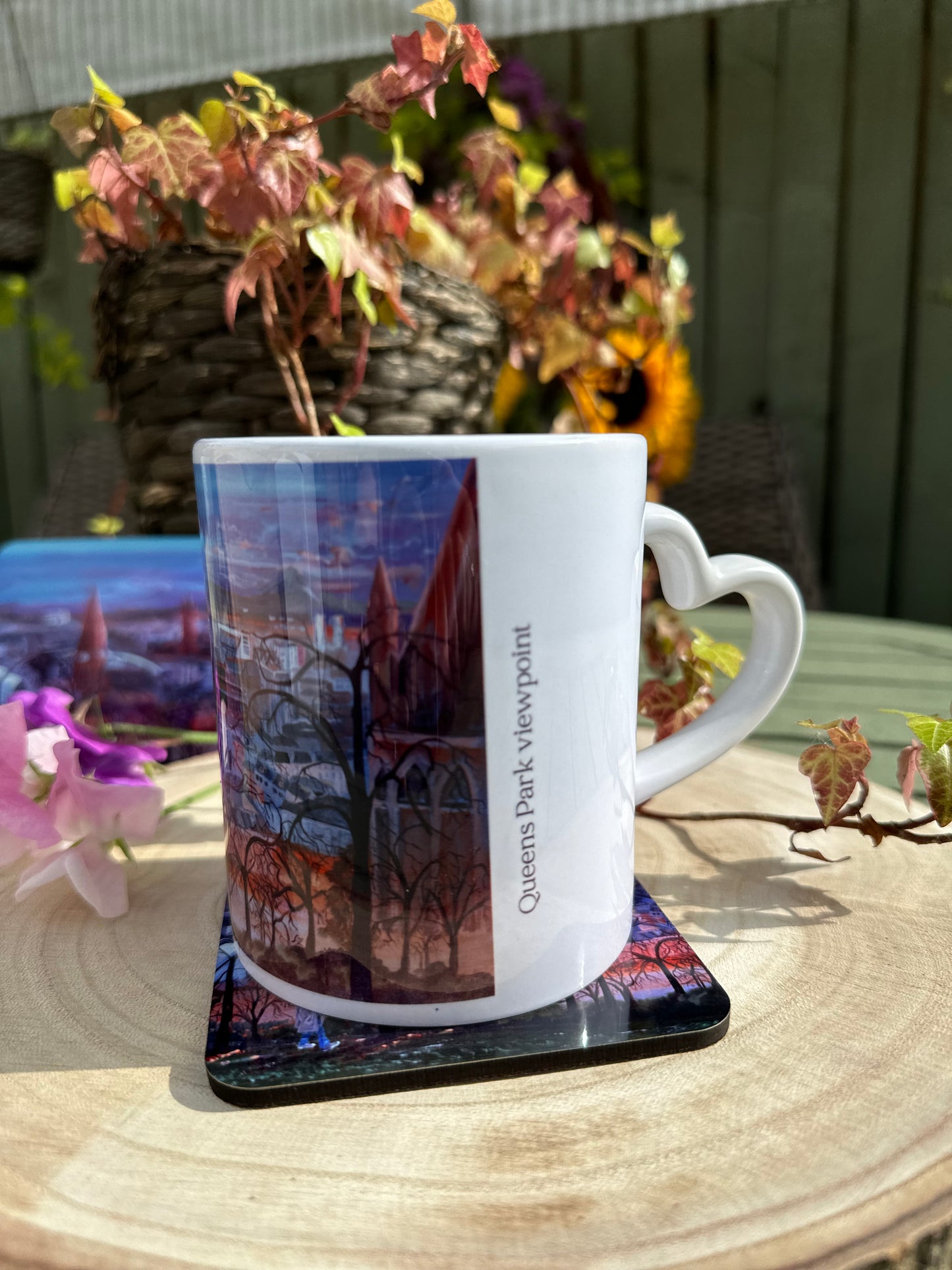Mug and Coaster set Queens Park Viewpoint mug on coaster showing heart handle right