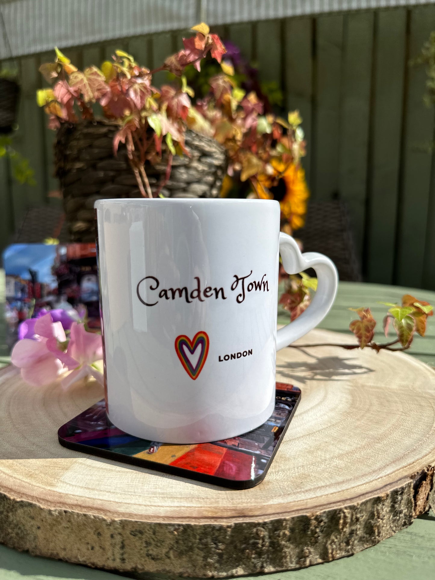 Mug and Coaster set Rainbow Crossing Camden Town, heart handle right handle showing text
