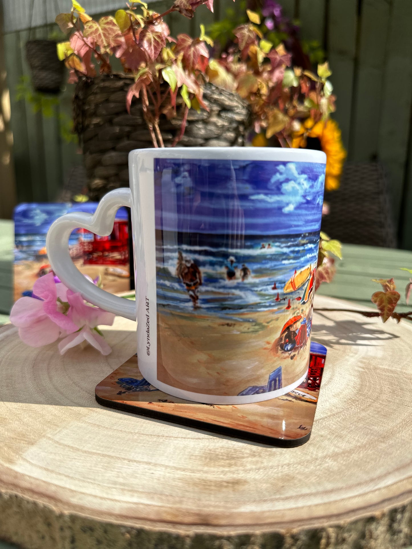 Mug and Coaster set, Red Lifeguard Station Siesta Key Beach, mug on coaster left image