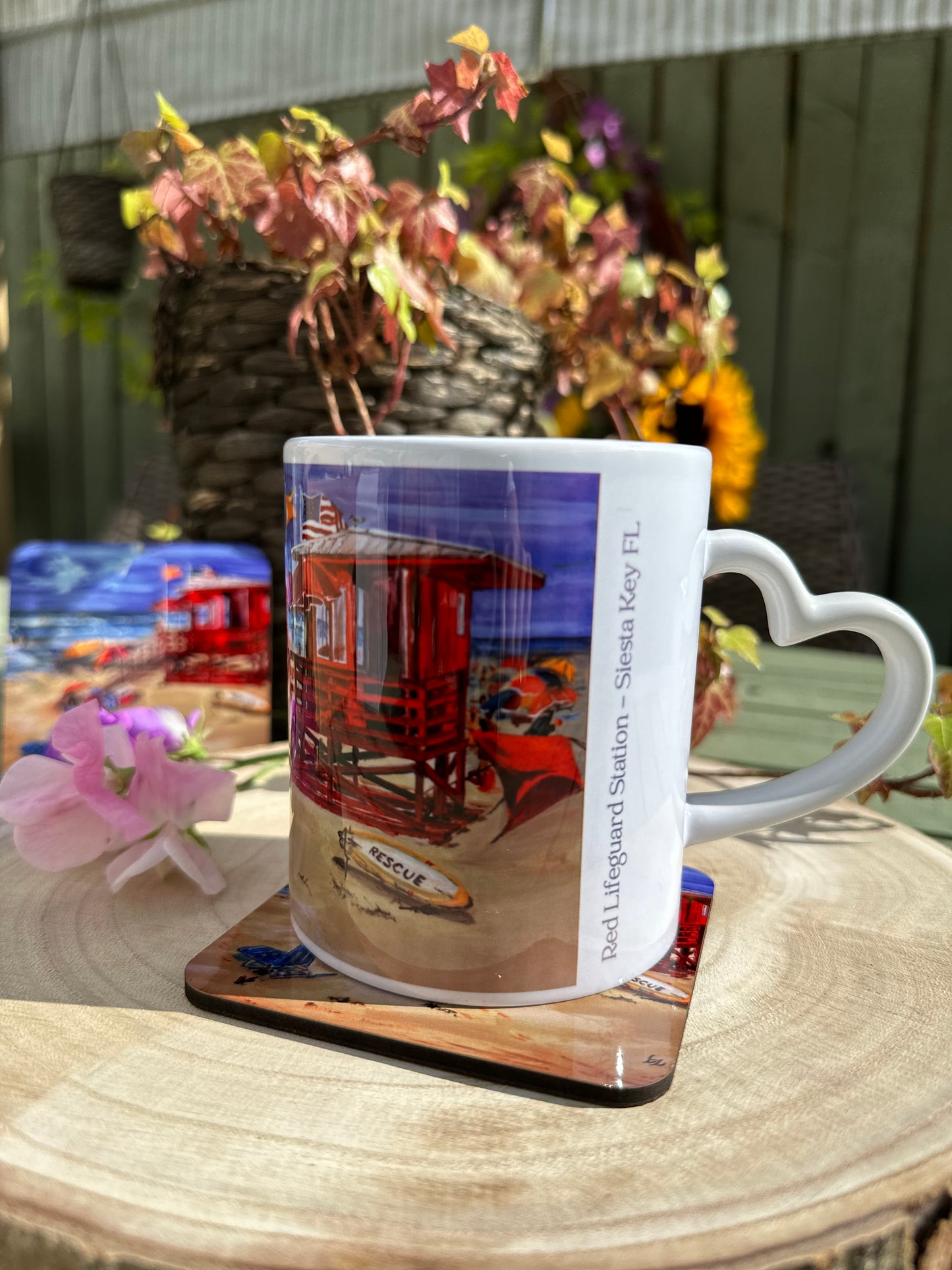 Mug and Coaster set Red Lifeguard Station Siesta Key Beach, mug on coaster right image