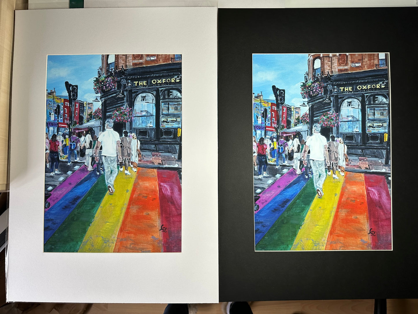 Giclée wall art print Rainbow Crossing Camden Town side by side white and black mounts
