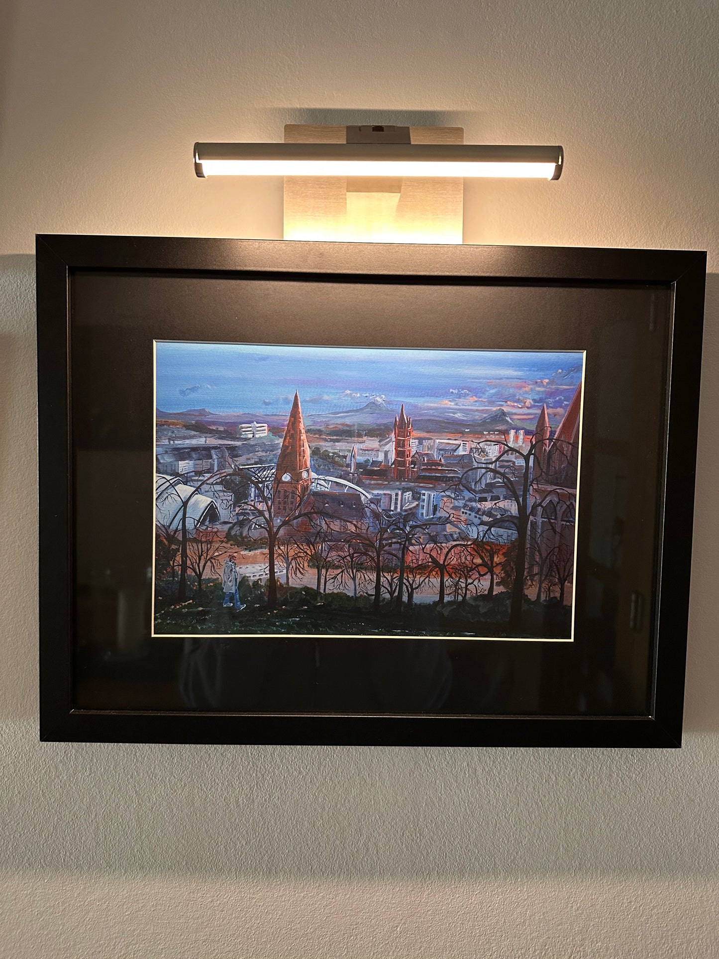 Glasgow wall art print Queens Park View point A4 print in black mount and black frame under picture light