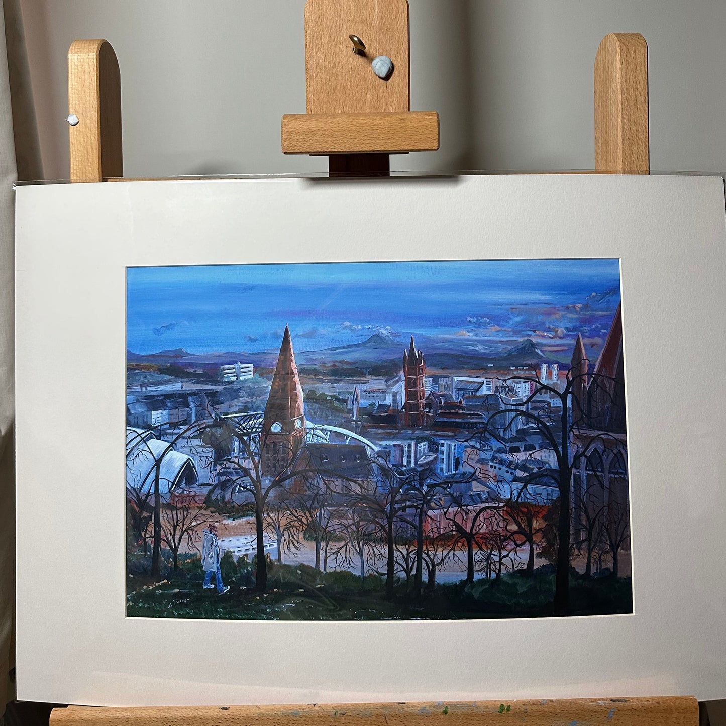 Giclée wall art print Queens Park Viewpoint A3 mounted print in cello bag on easel