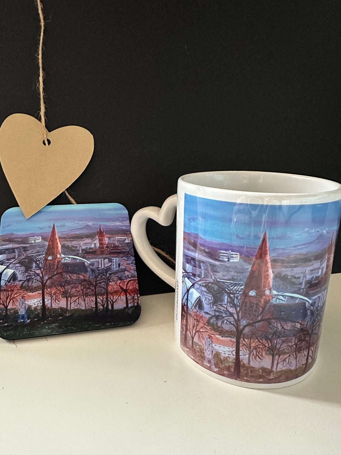 Mug and Coaster set Glasgow Queens Park Viewpoint coaster upright beside mug detail