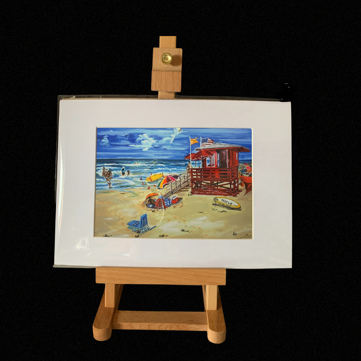 Giclée wall art print Siesta Key Red Lifeguard Station, A5 mounted on easel
