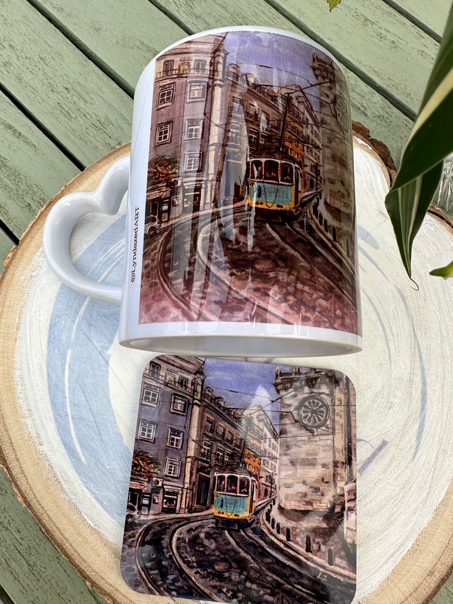 Tram 28 Giftbox mug and coaster closeup