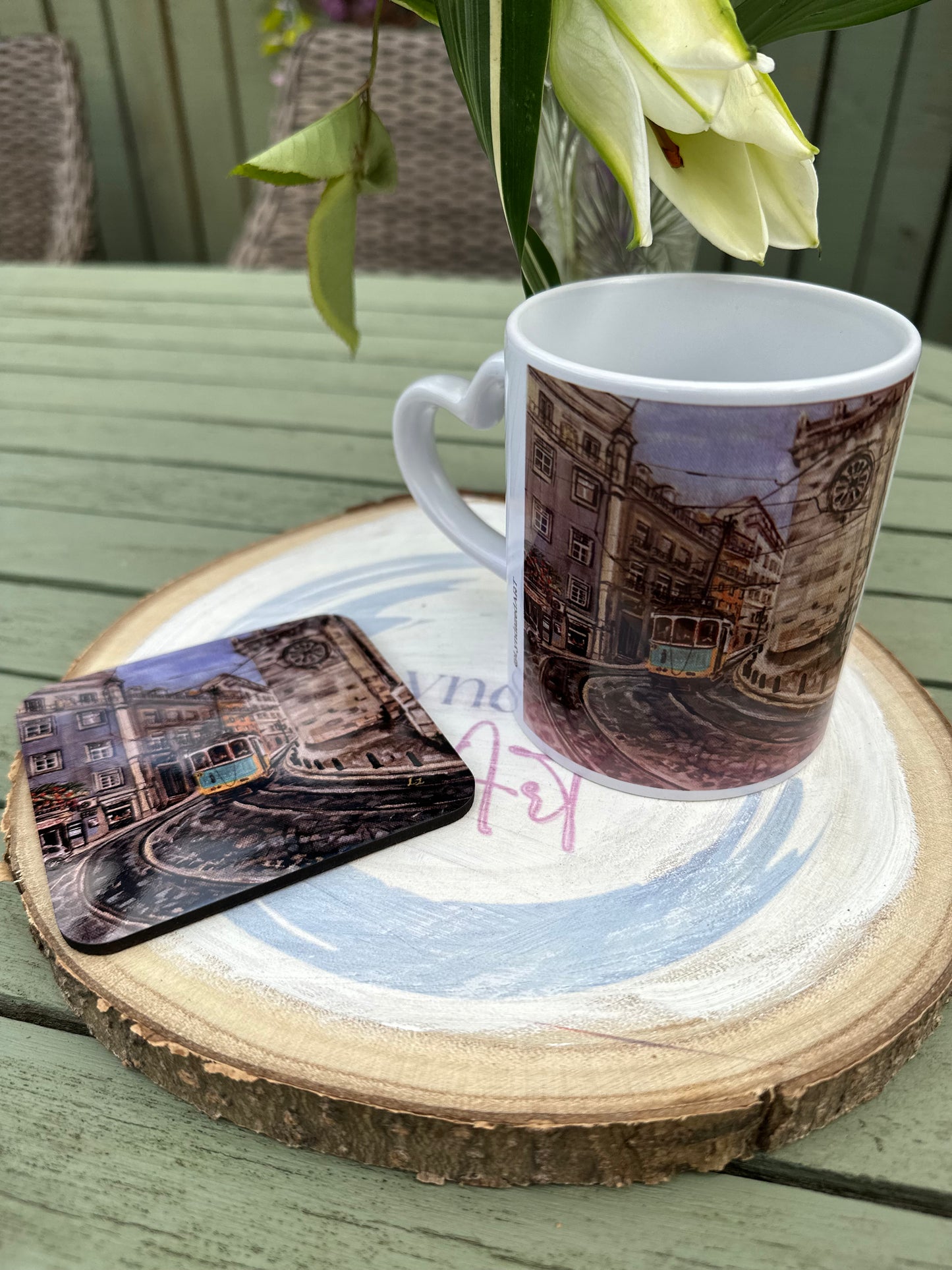Tram 28 Lisbon Mug and coaster set on wooden plinth
