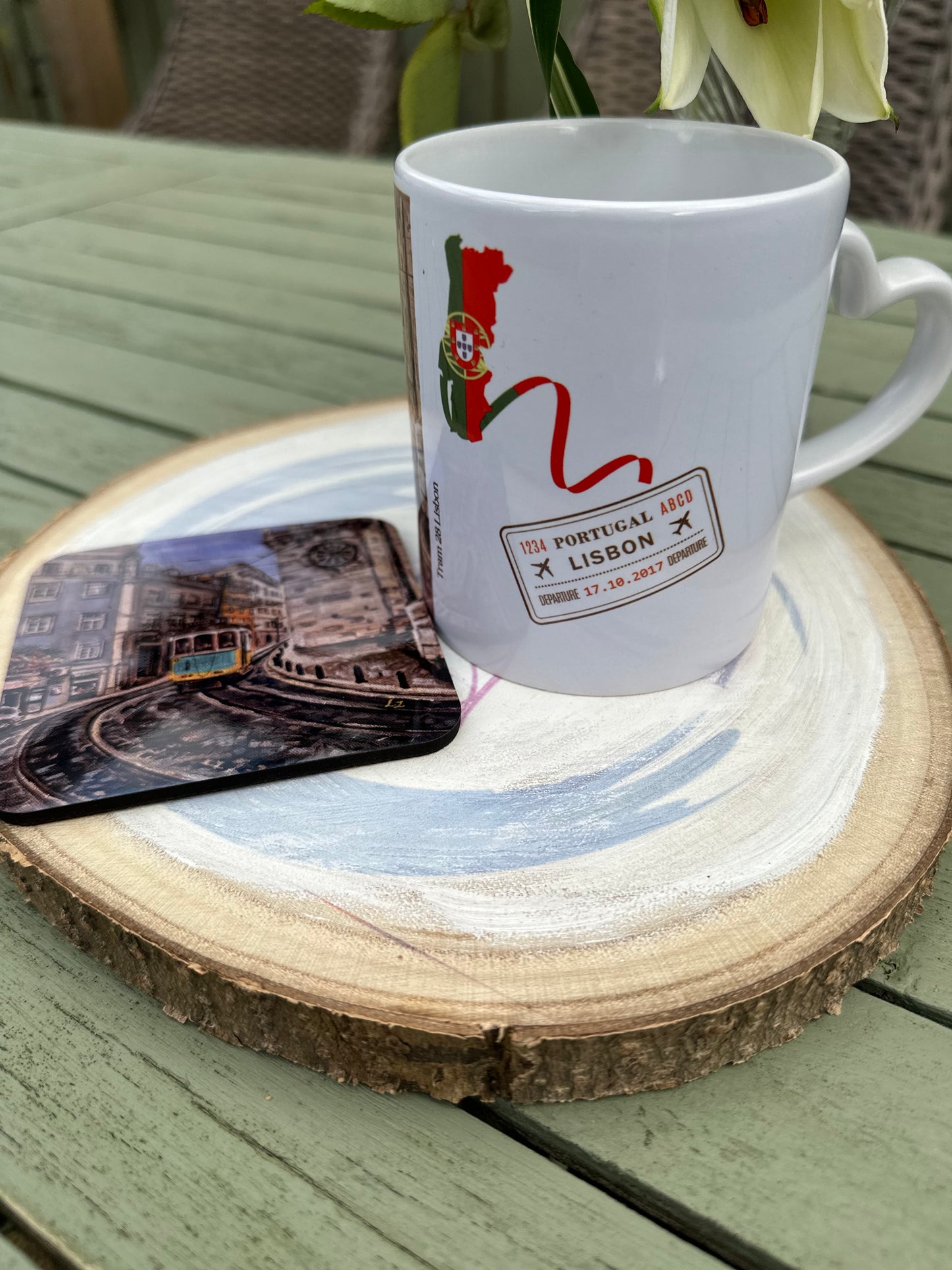 Tram 28 Giftbox coaster detail and right handle mug with flag graphic