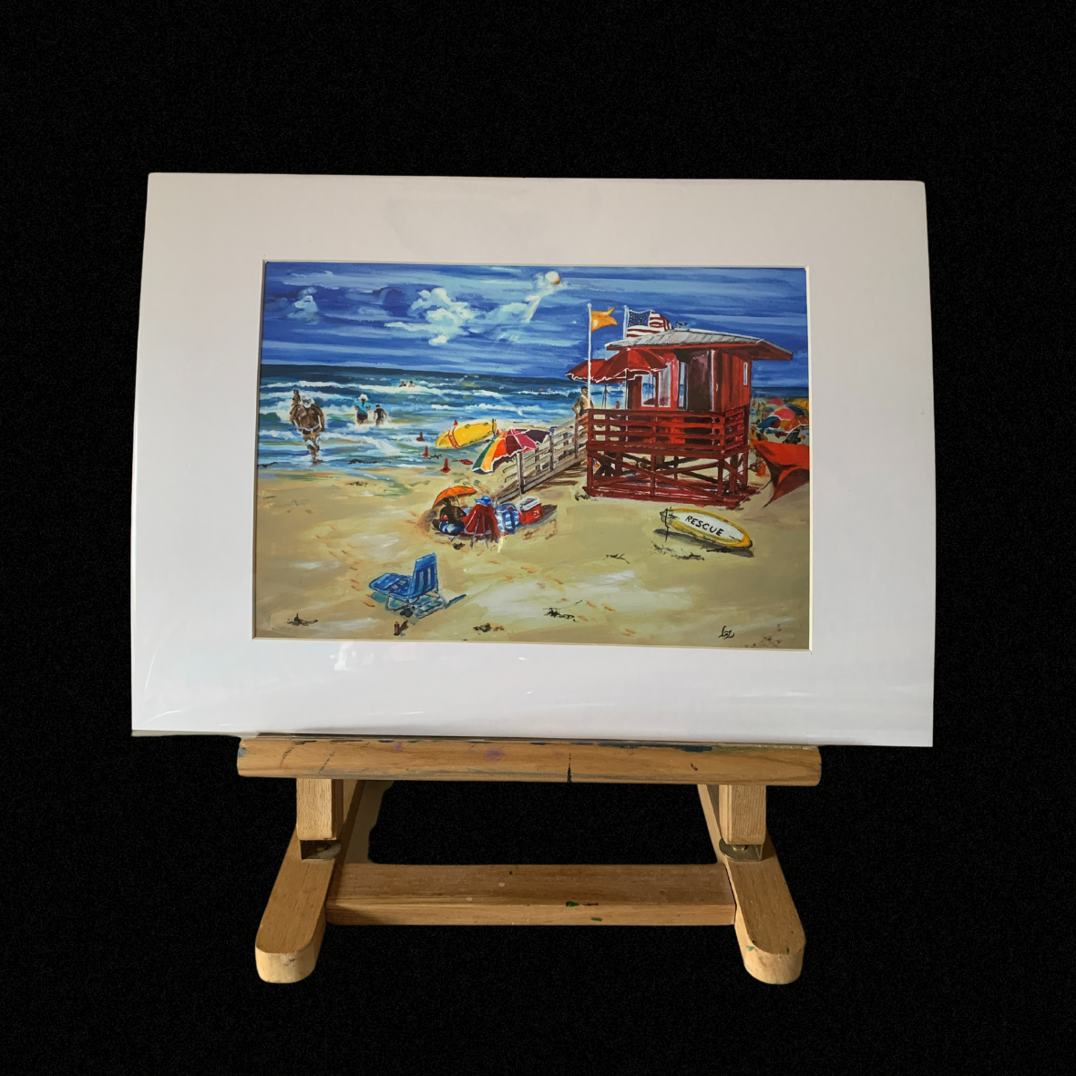 Giclée wall art print Siesta Key Red Lifeguard Station, A4 mounted on easel