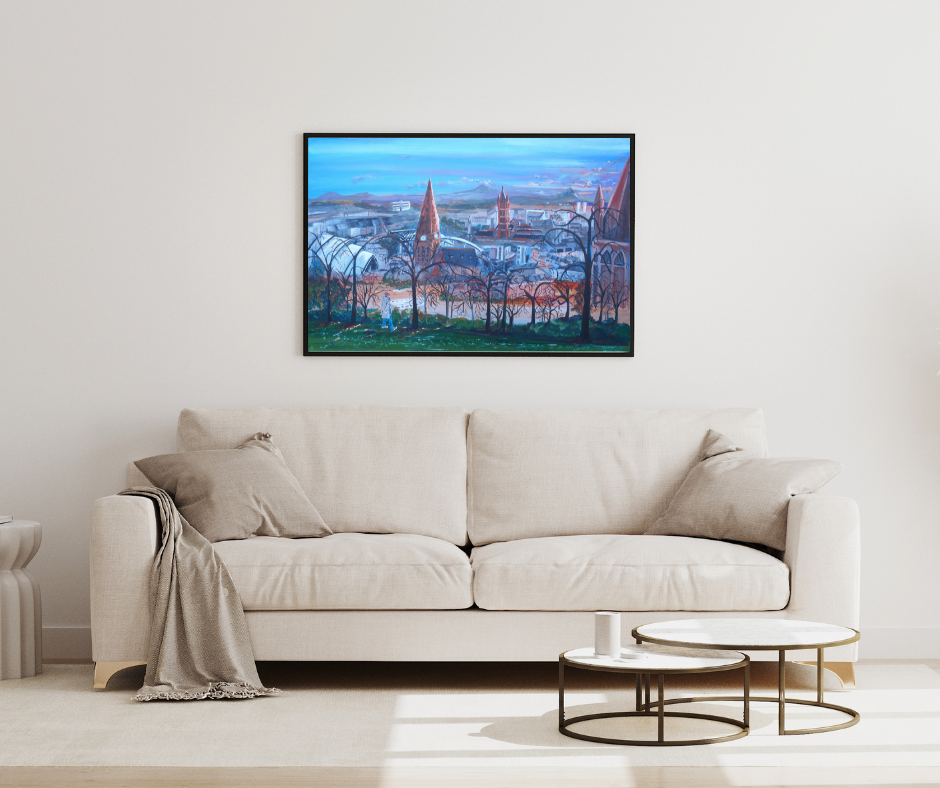Glasgow wall art print Queens Park Viewpoint wall mounts in simple black frame lounge mockup