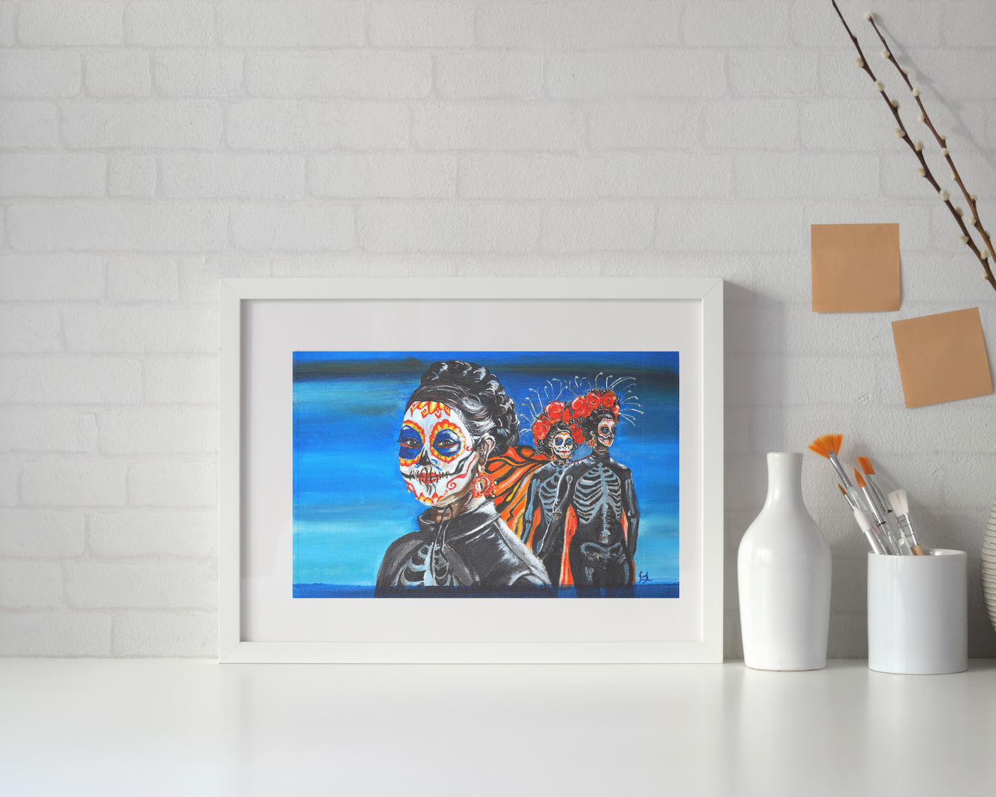 Mexican Girl Dia de los Muertos giclee wall art print mockup white frame leaning against wall