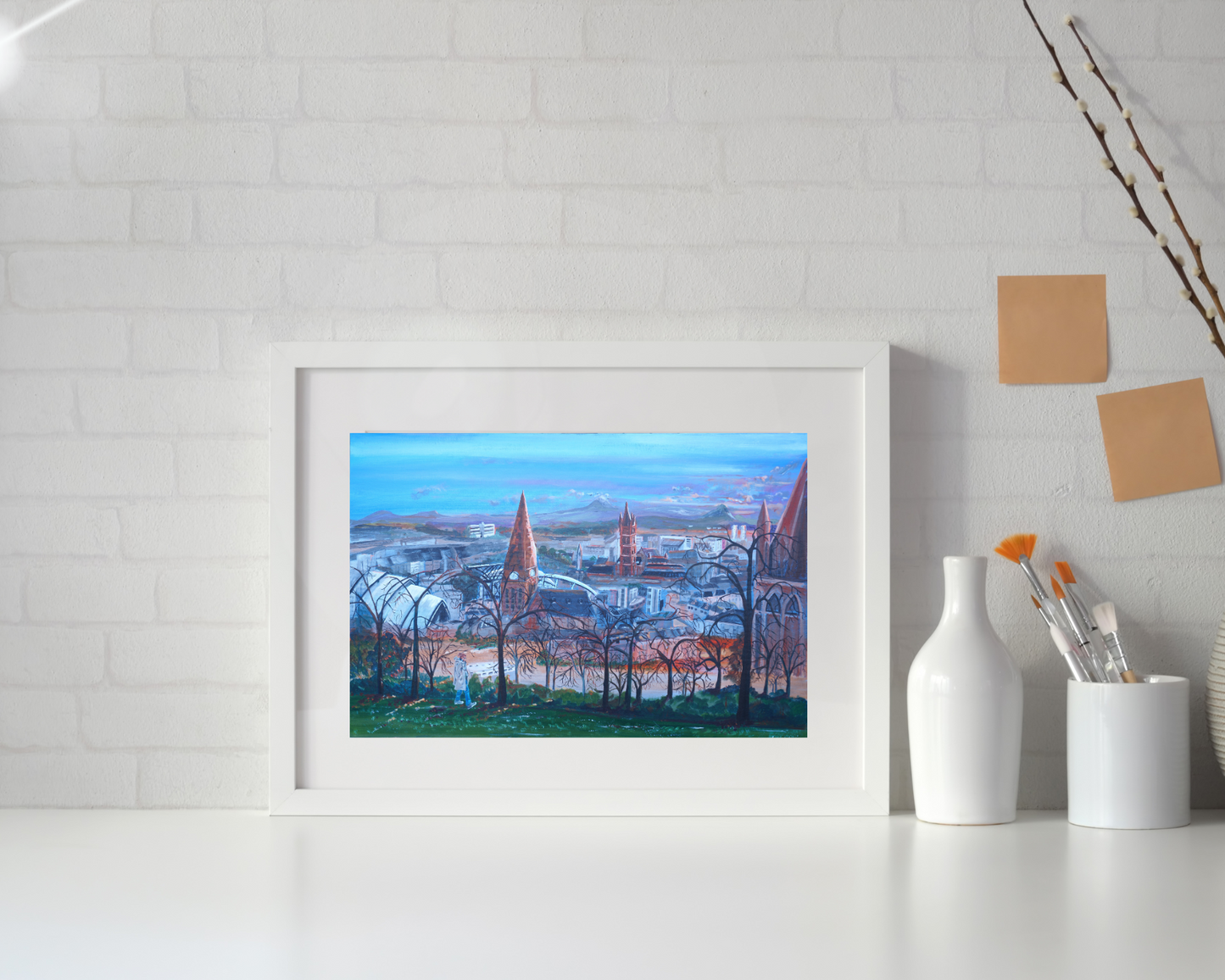 Glasgow wall art print small size in simple white frame on counter surface 