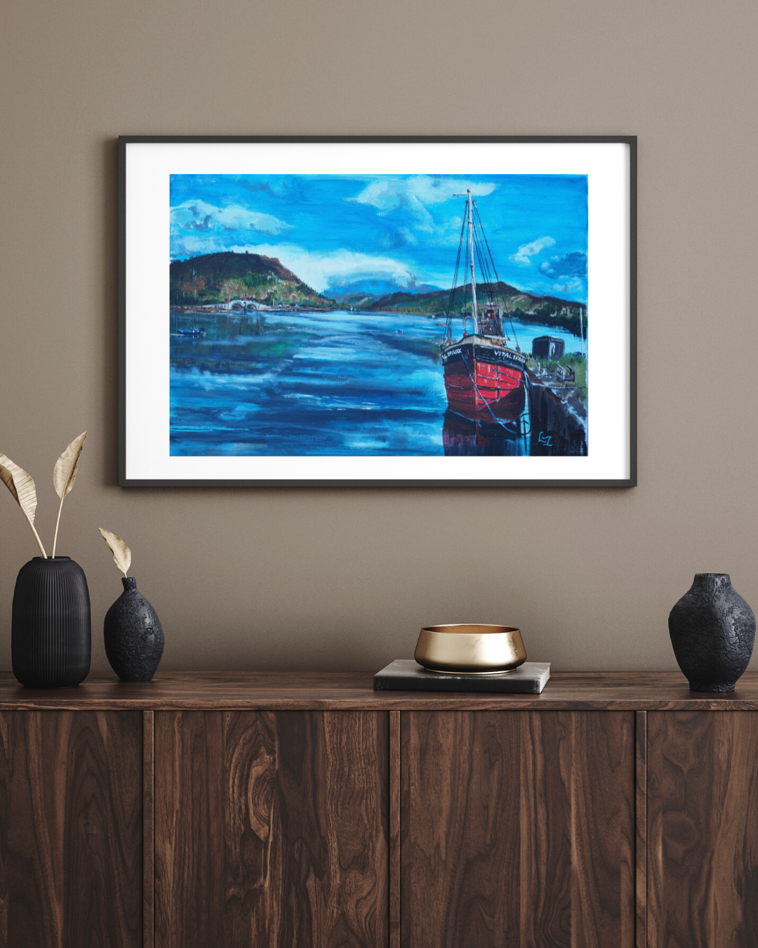 The Vital Spark on Loch Fyne print in white mount and black frame mockup on beige wall