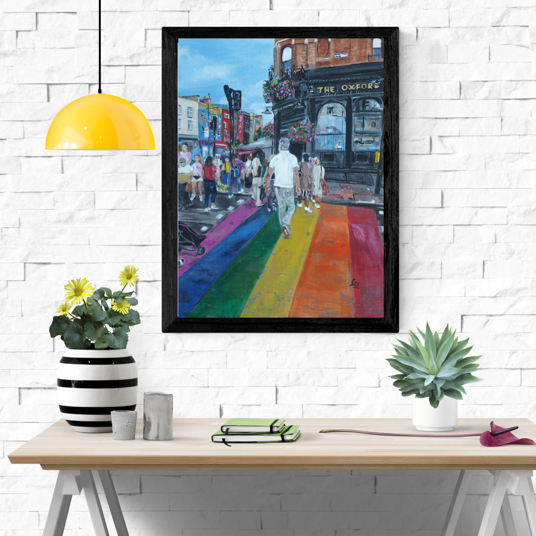 Giclée wall art print Rainbow Crossing Camden Town White Brick Wall Black Frame