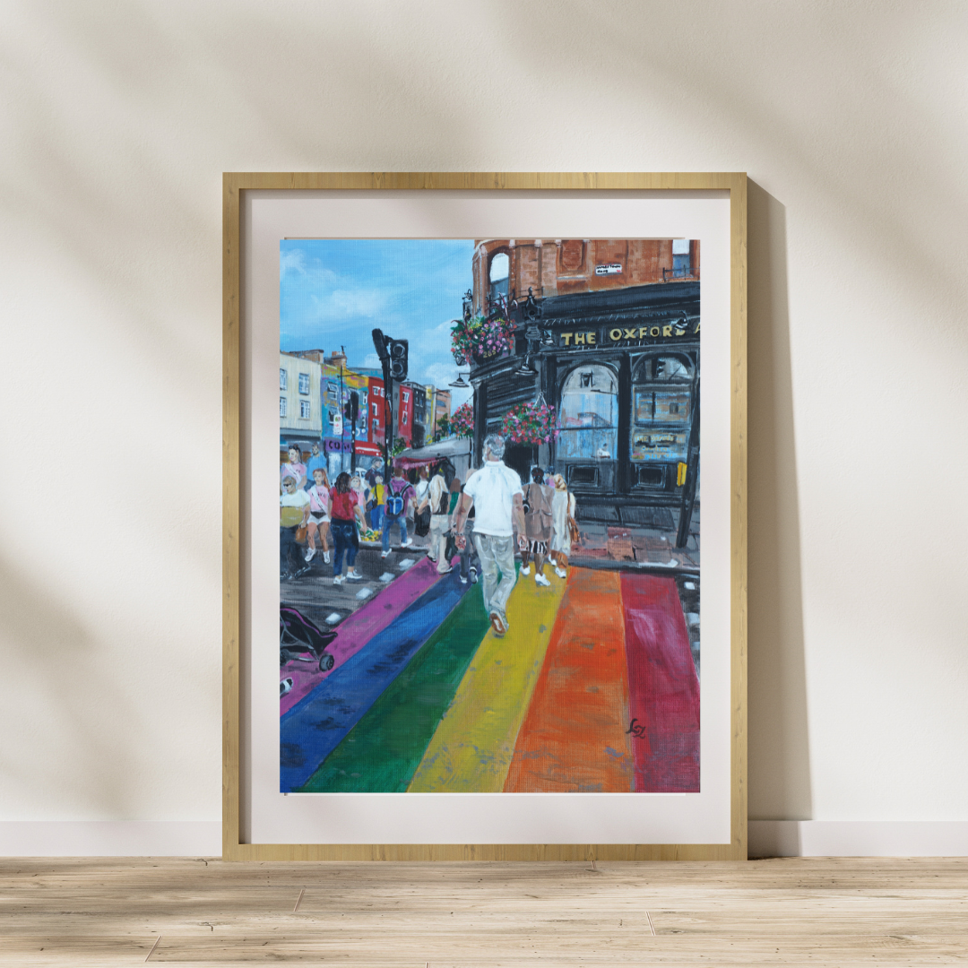 Giclée wall art print Rainbow Crossing Camden Town, neutral frame against wall