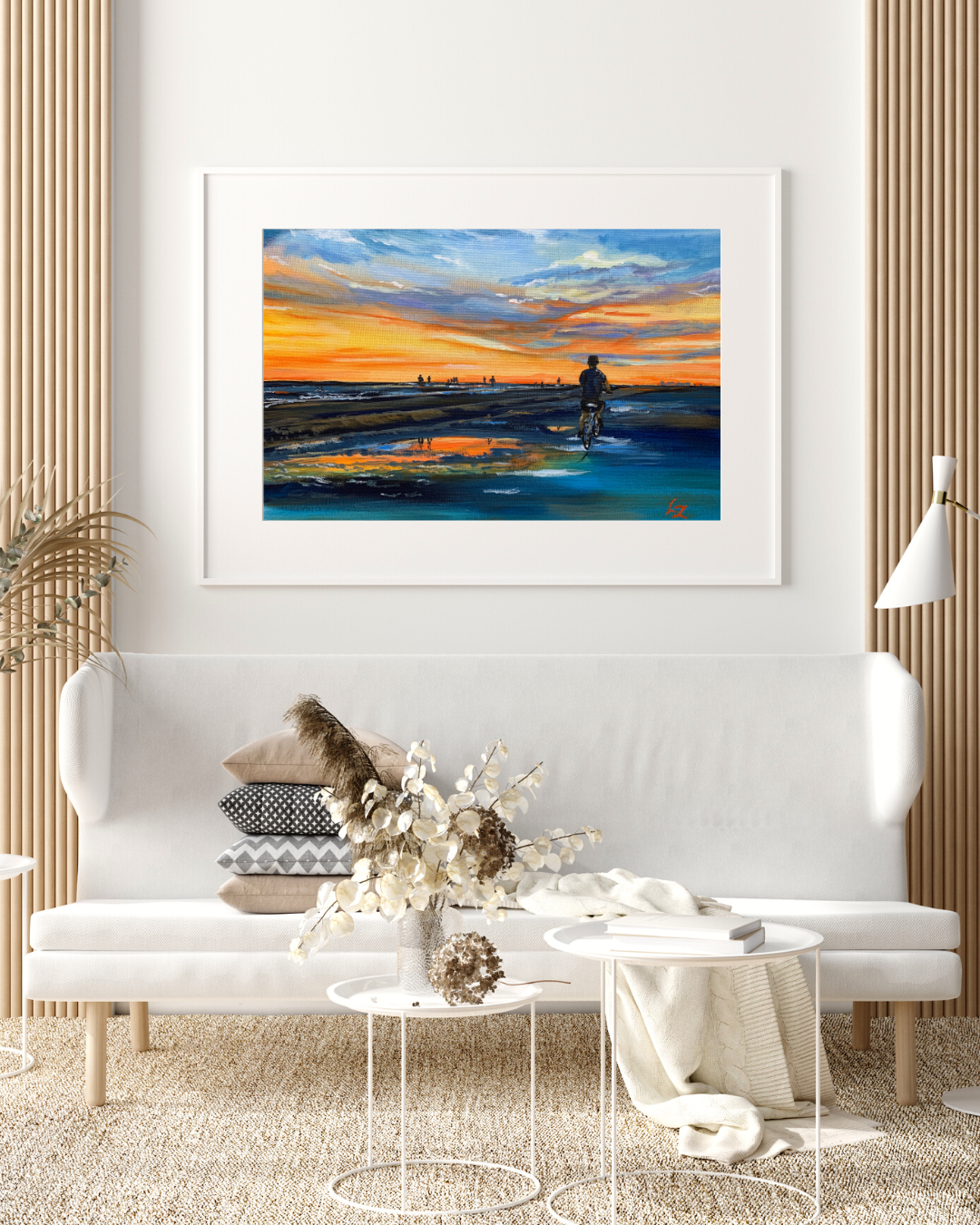 Giclée wall art print Sunset Cycle Siesta Key Beige White Aesthetic Modern Living Room Wall White Frame Mockup