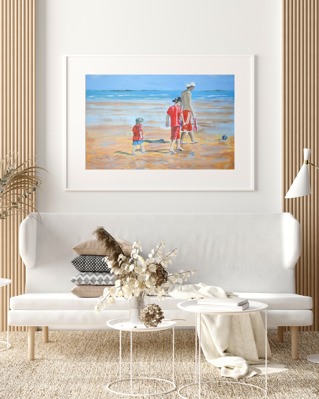 Giclée wall art print The Brothers St Andrews Beach Beige White Aesthetic Modern Living Room Wall White Frame Mockup