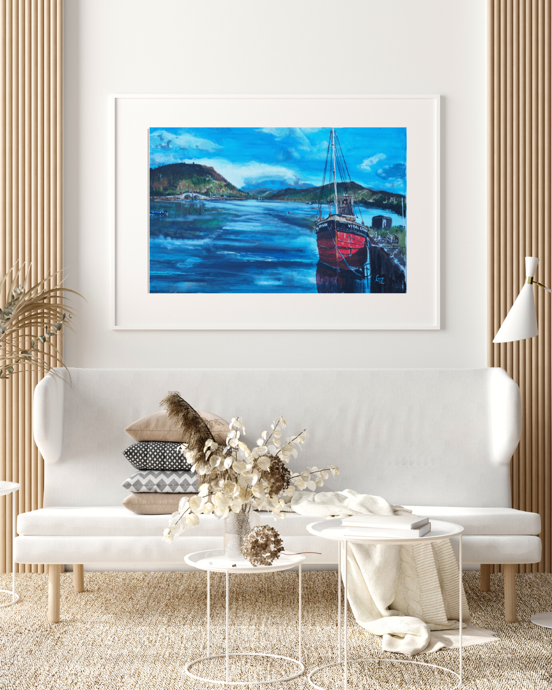 The Vital Spark on Loch Fyne wall art print  in white mount and frame living room mockup