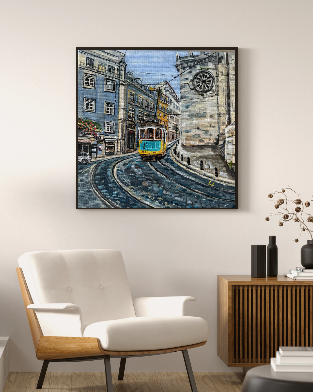 Giclee wall art print Tram 28 Lisbon Aesthetic MidCentury Modern Living Room Mockup