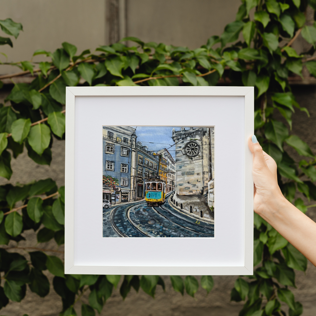 Giclee wall art print Tram 28 Lisbon Leafy background Mockup