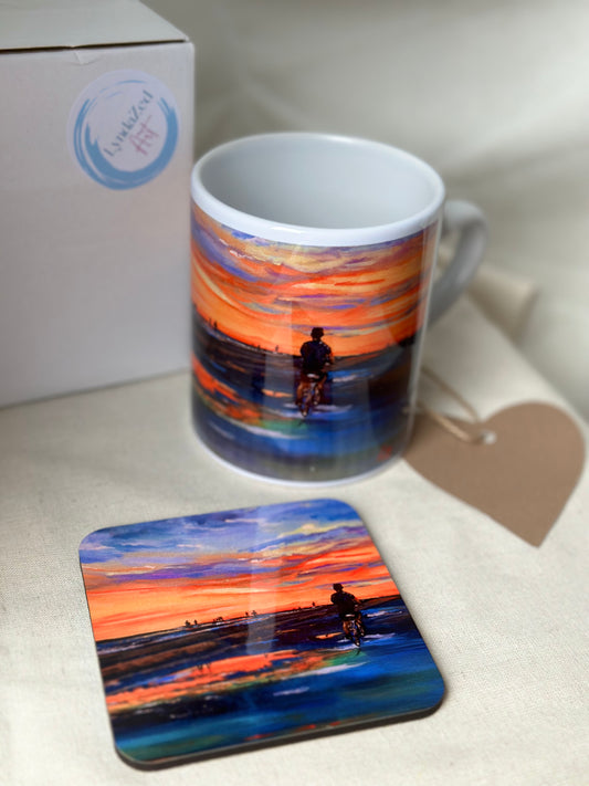 Mug and Coaster set, Sunset Cycle Siesta Key, mug front image and coaster flat