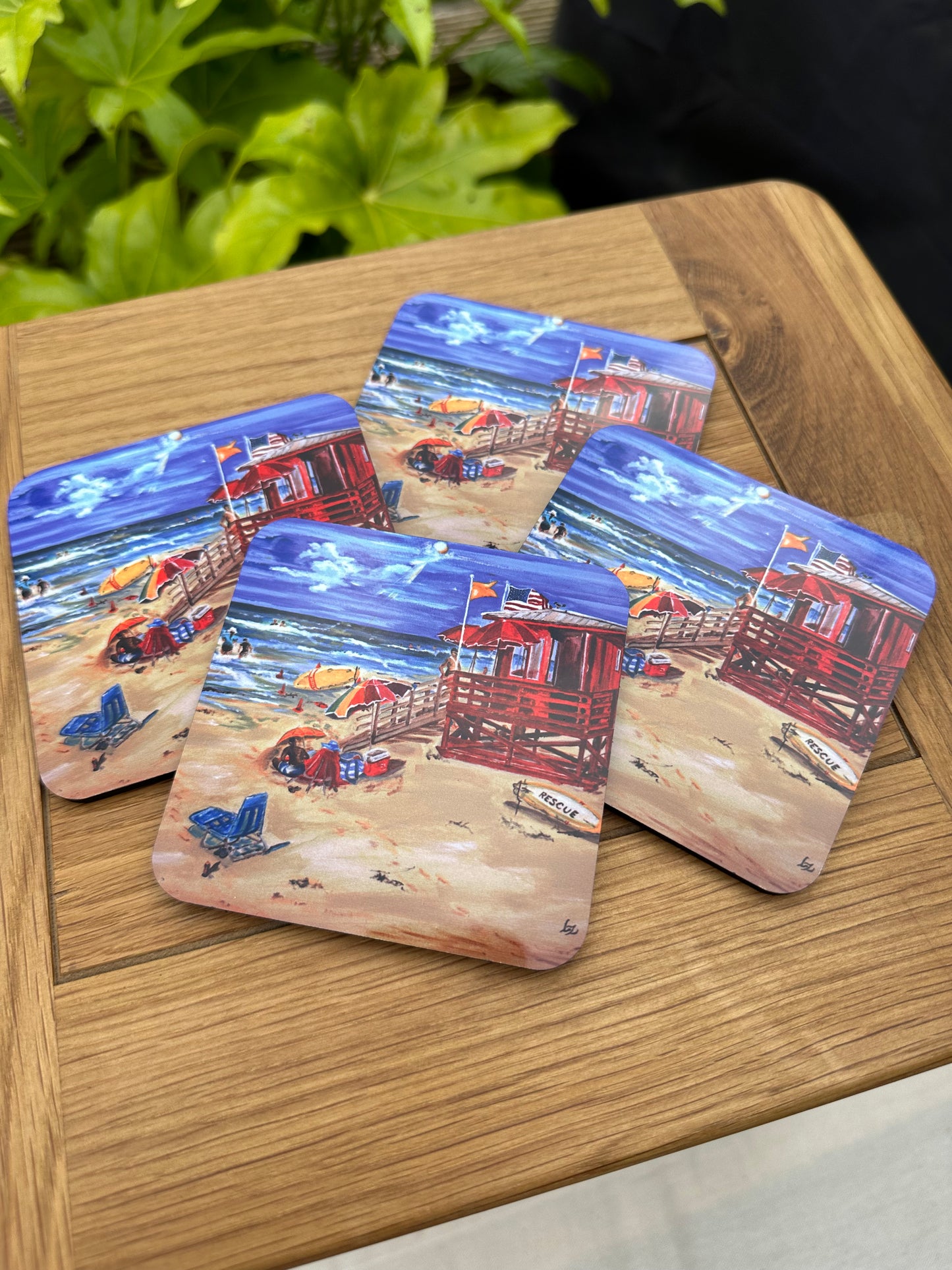 Coaster set Red Lifeguard Station Siesta Key, coaster set  spread out