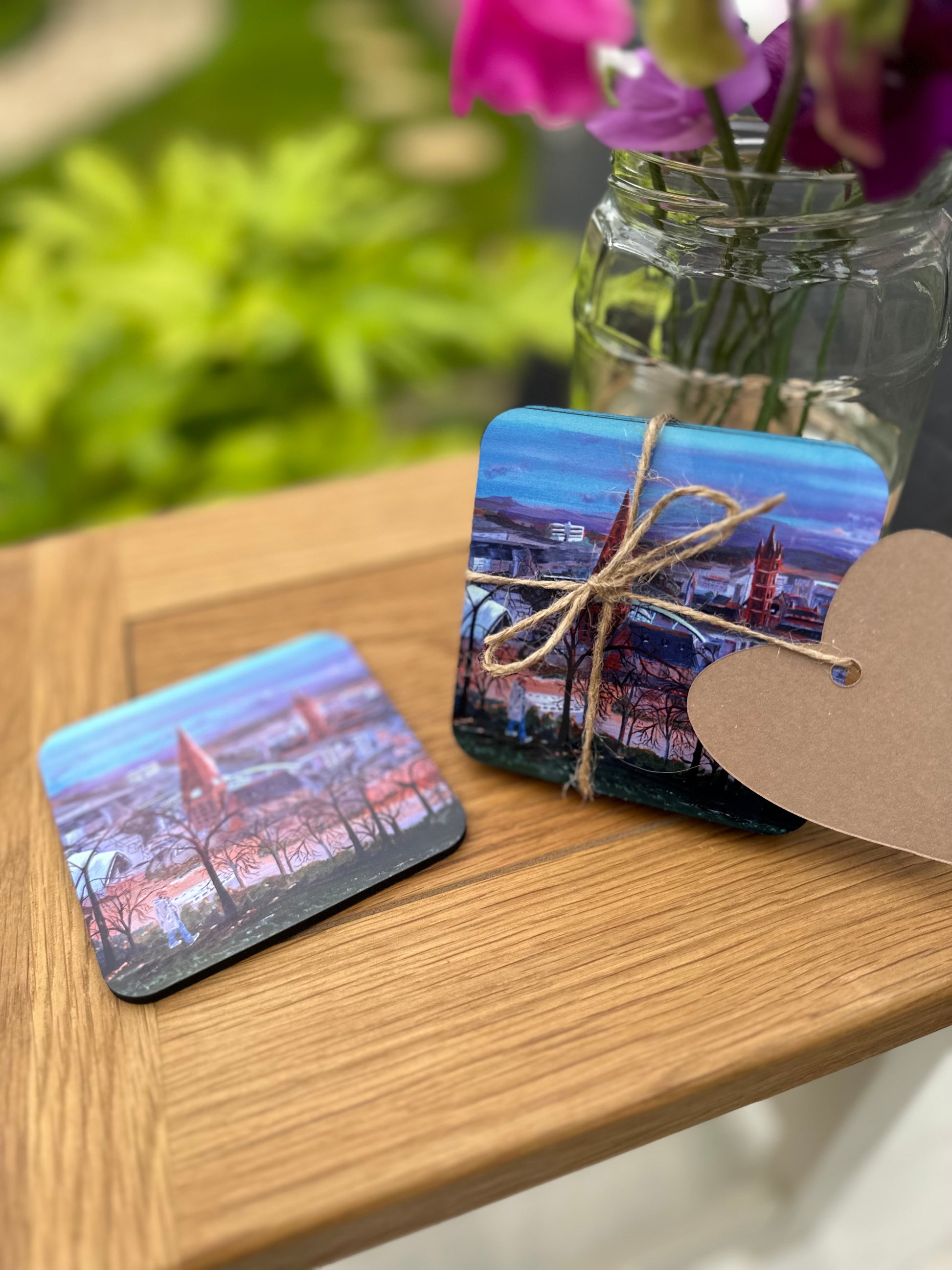 Coaster set Queens Park Viewpoint, coaster set tied with twine and single coaster laid flat