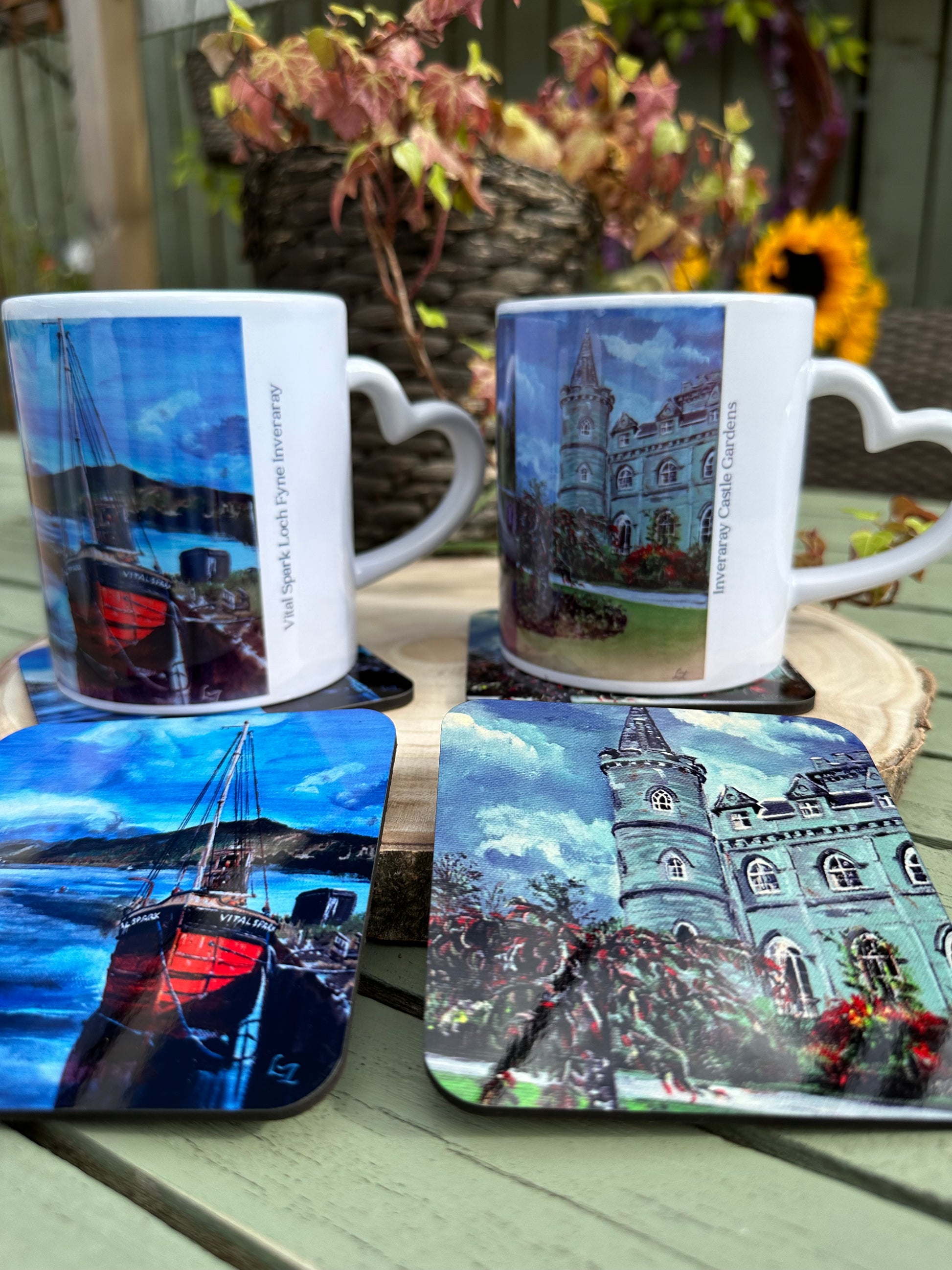 Mug and Coaster set the Vital Spark on Loch Fyne alongside Mug and Coaster of Inveraray Castle garden shot 