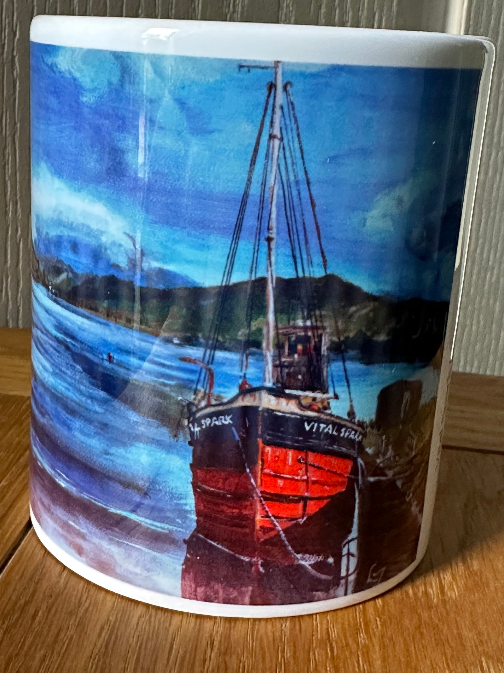 Mug and Coaster set the Vital Spark on Loch Fyne mug front close up