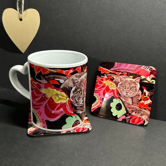 Mug and Coaster set Cat on Throw black background with coaster detail and heart handle of mug left