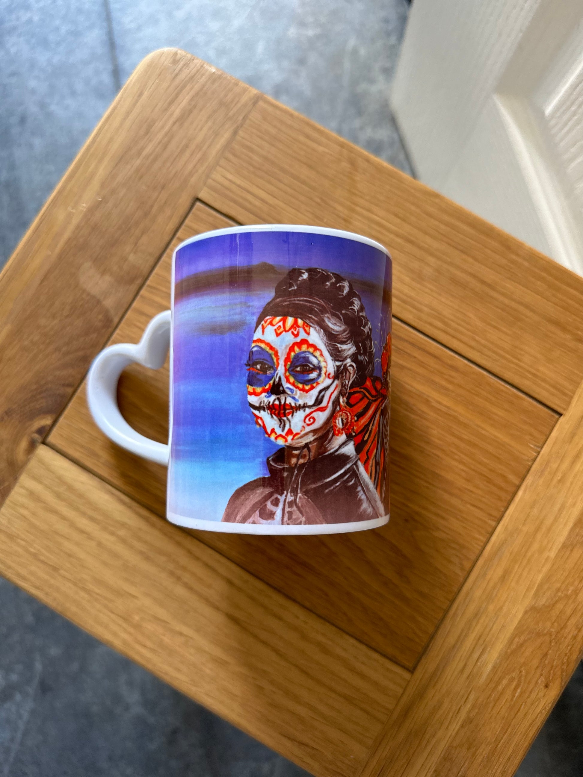 Mexican Girl Dia de los Muertos Mug and coaster mu laid on side