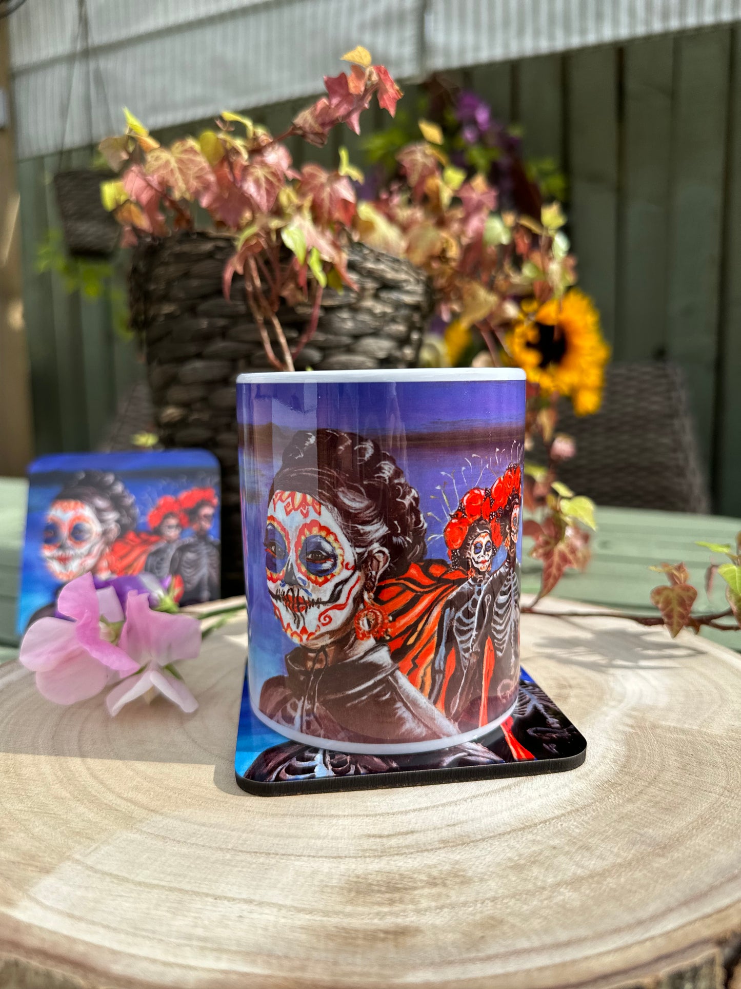 Mexican Girl Dia de los Muertos mug and coaster set mug from detail