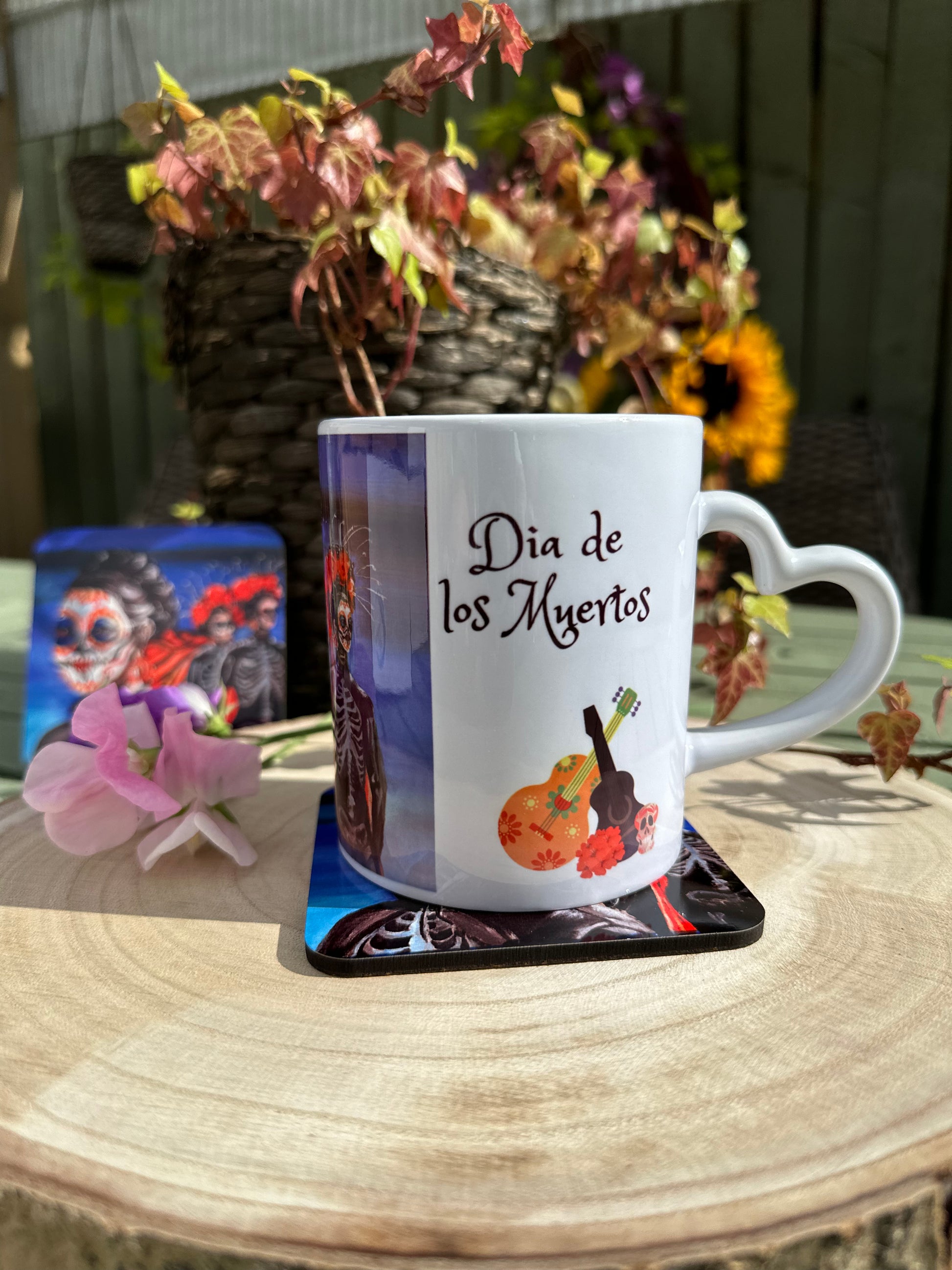 Mexican Girl Dia de los Muertos mug and coaster right hand with guitar and skull graphic