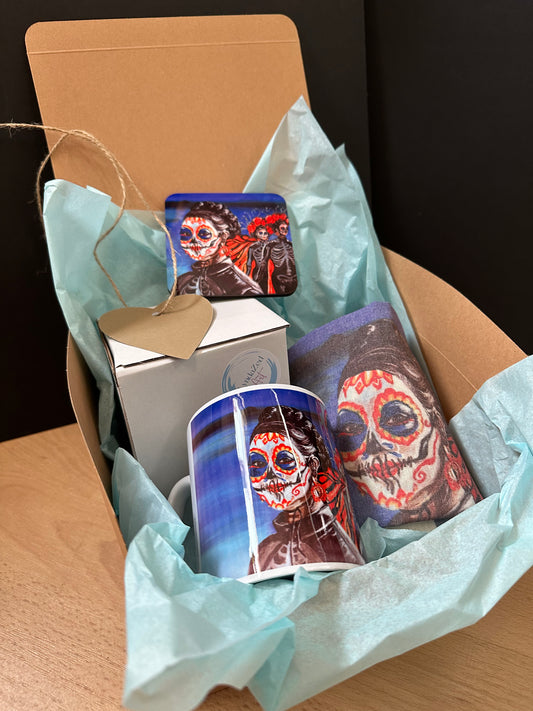 Mexican Girl dia de los Muertos  gift box  folded tote bag coaster and mug front detail