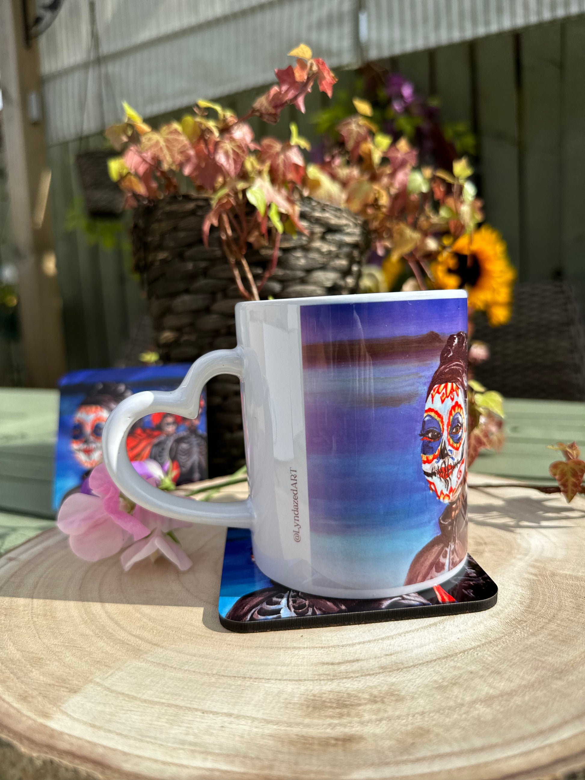 Mexican Girl Dia de los Muertos mug and coaster left handle detail